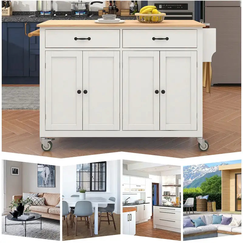 Kitchen Island Cart with 4 Door Cabinet and Two Drawers and 2 Locking Wheels - Solid Wood Top