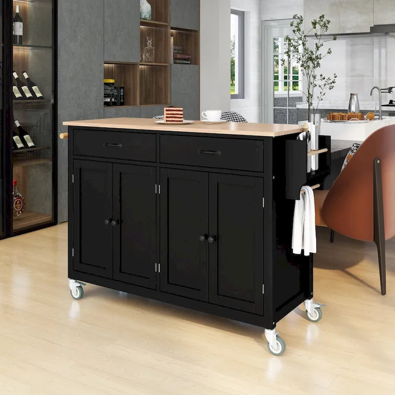 Kitchen Island Cart with 4 Door Cabinet and Two Drawers and 2 Locking Wheels - Solid Wood Top