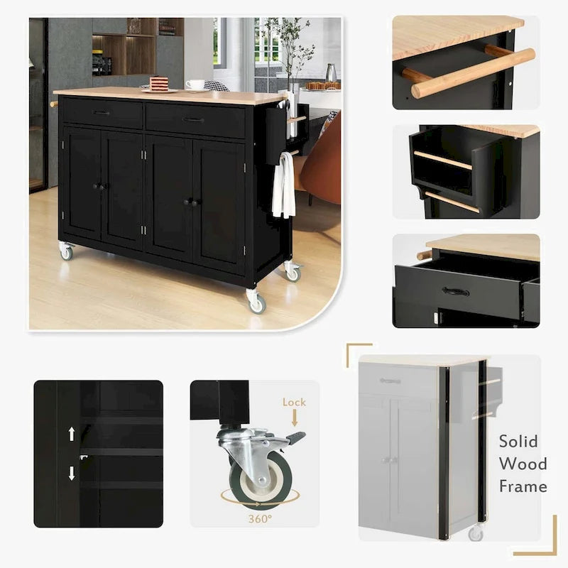 Kitchen Island Cart with Solid Wood Top and Locking Wheels