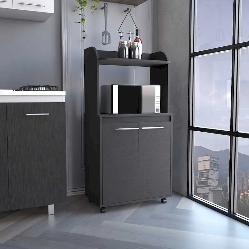 2-Tier Kitchen Island Cart, Rolling Microwave Oven Stand with Open Shelf and Double Door Cabinet