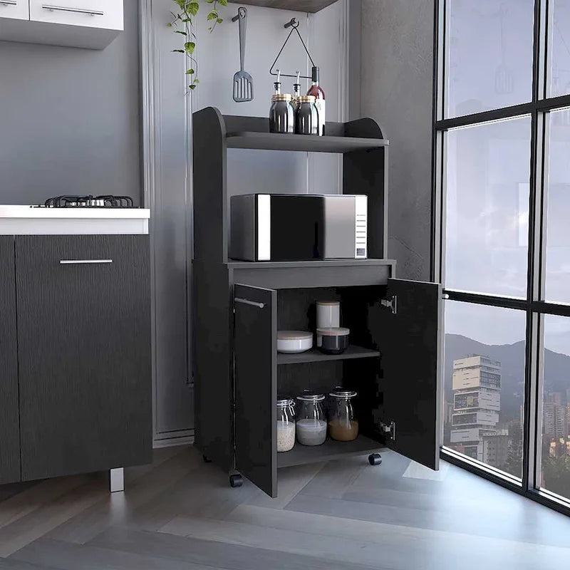 2-Tier Kitchen Island Cart, Rolling Microwave Oven Stand with Open Shelf and Double Door Cabinet