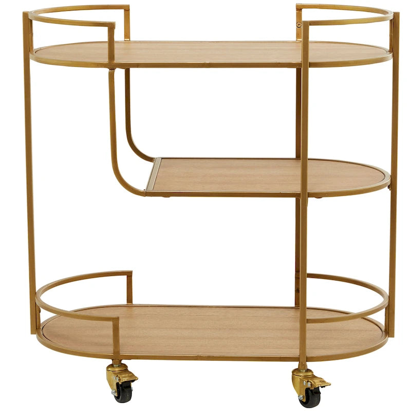 Wood Rolling 3 Shelves Bar Cart with Handles - Gold - Roche River Decor - 15W x 30L x 30H