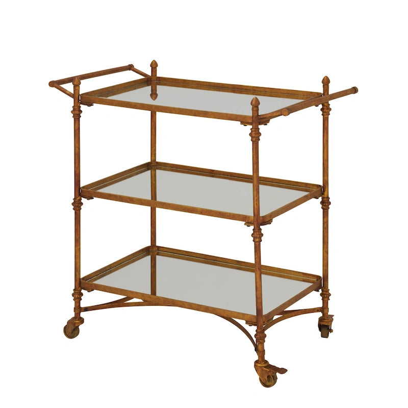 Metal Rolling 3 Mirrored Shelves Bar Cart with Handles - Brass - Roche River Decor - 18W x 35L x 33H