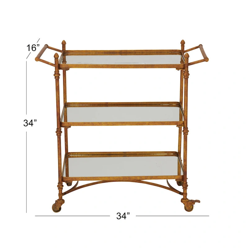 Metal Rolling 3 Mirrored Shelves Bar Cart with Handles - Brass - Roche River Decor - 18W x 35L x 33H
