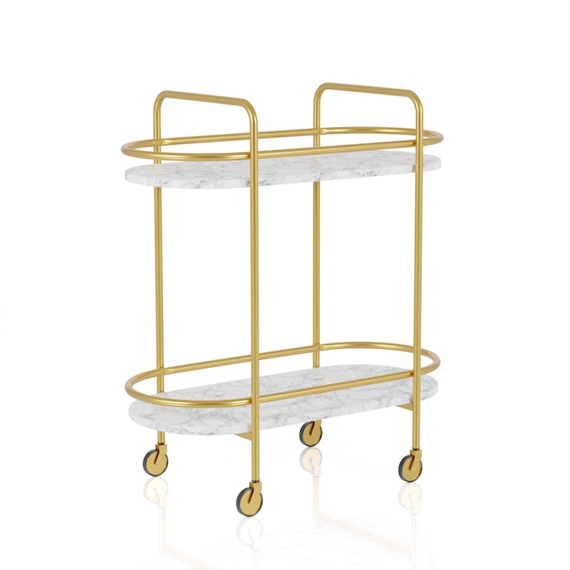 Mardoc Contemporary White and Gold Faux Marble Two Tiers Serving Cart with Caster Wheels by Furniture of America