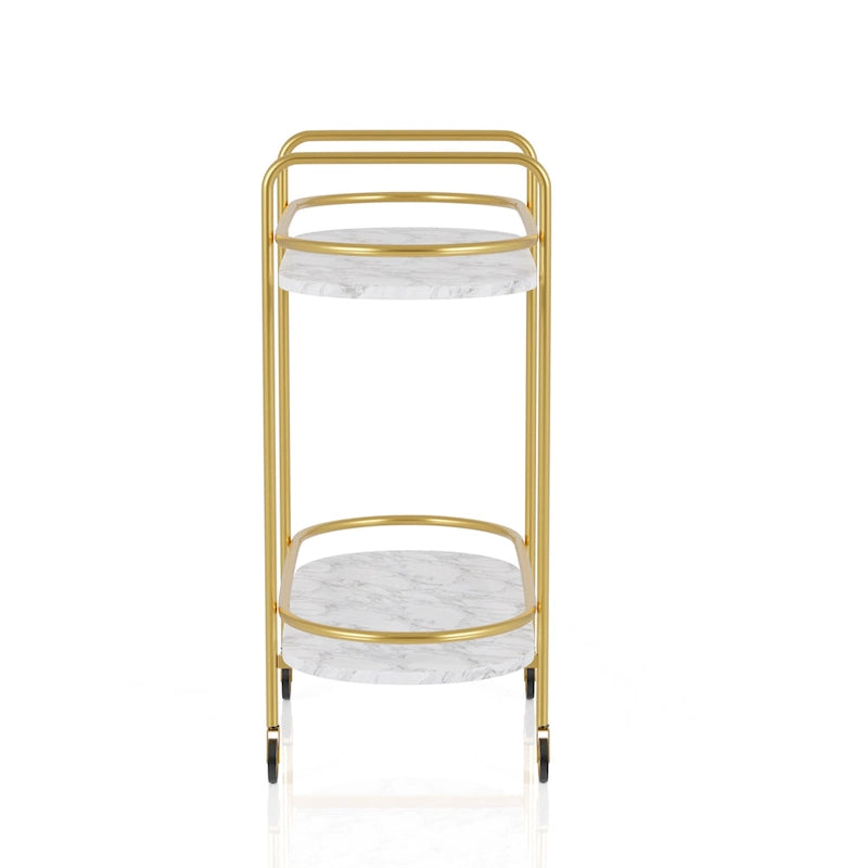 Mardoc Contemporary White and Gold Faux Marble Two Tiers Serving Cart with Caster Wheels by Furniture of America