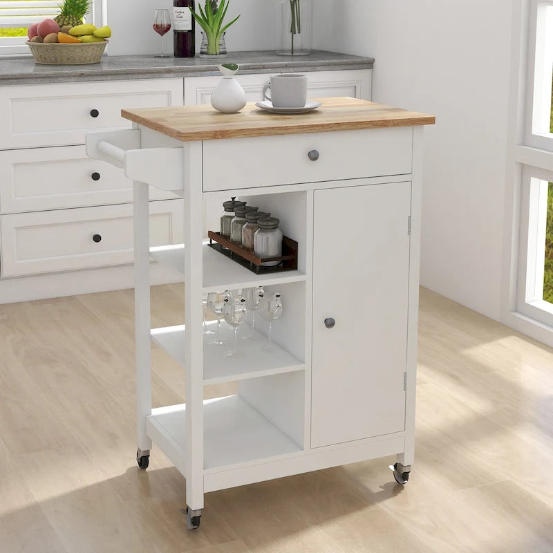 Nestfair White Kitchen Cart with Towel Rack and Wood Table Top