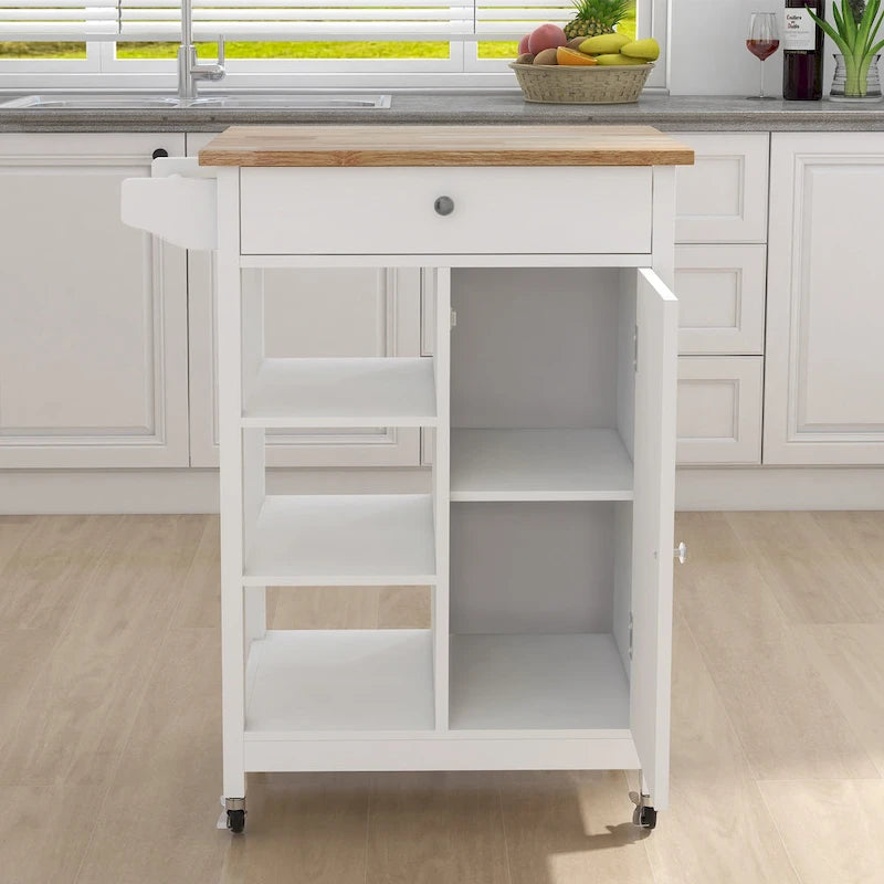 Nestfair White Kitchen Cart with Towel Rack and Wood Table Top