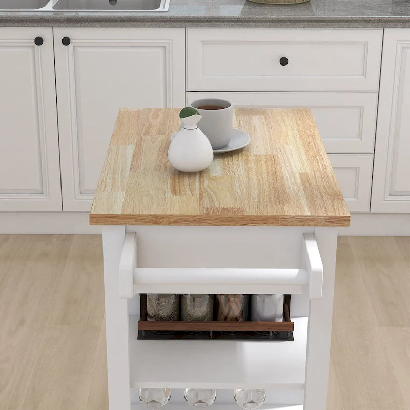 Nestfair White Kitchen Cart with Towel Rack and Wood Table Top