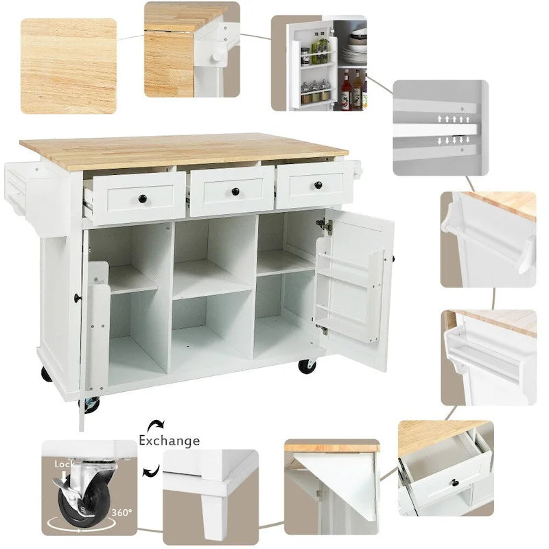 White Kitchen Island on 5 Wheels with Storage Cabinet and 3 Drawers