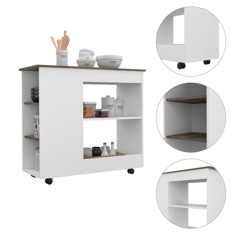 FM Furniture Arizona Kitchen Cart with 2 Storage Shelves, 3 Side Shelves, and 4 Casters