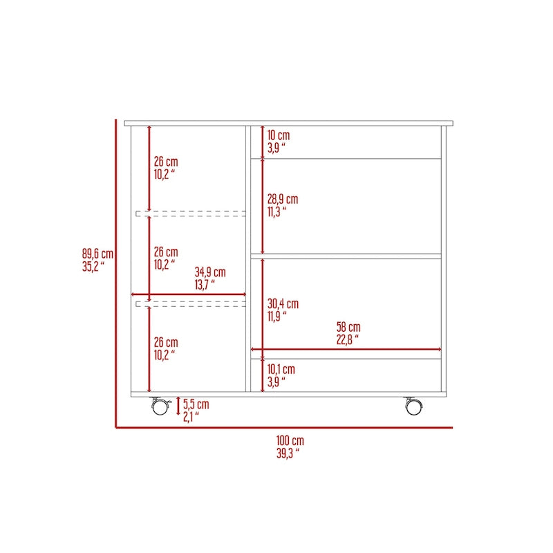 FM Furniture Arizona Kitchen Cart with 2 Storage Shelves, 3 Side Shelves, and 4 Casters
