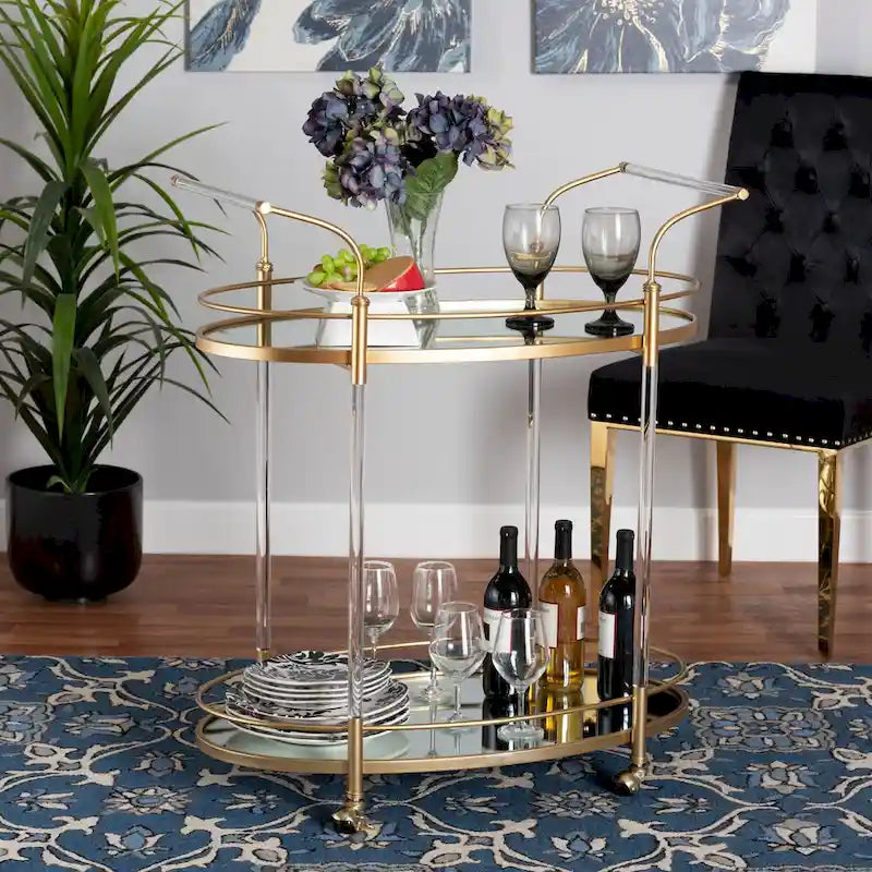 Nakano Contemporary Glam and Luxe Gold Metal and Mirrored Glass 2-Tier Wine Cart