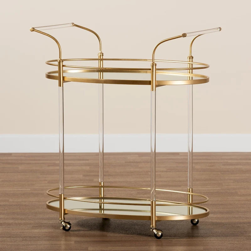 Nakano Contemporary Glam and Luxe Gold Metal and Mirrored Glass 2-Tier Wine Cart
