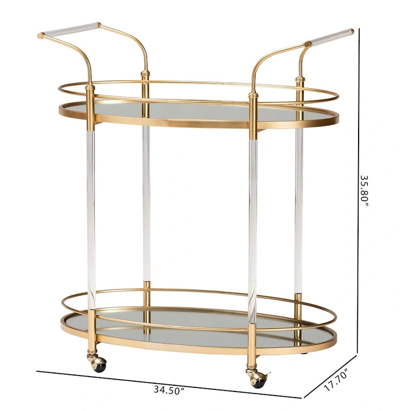 Nakano Contemporary Glam and Luxe Gold Metal and Mirrored Glass 2-Tier Wine Cart