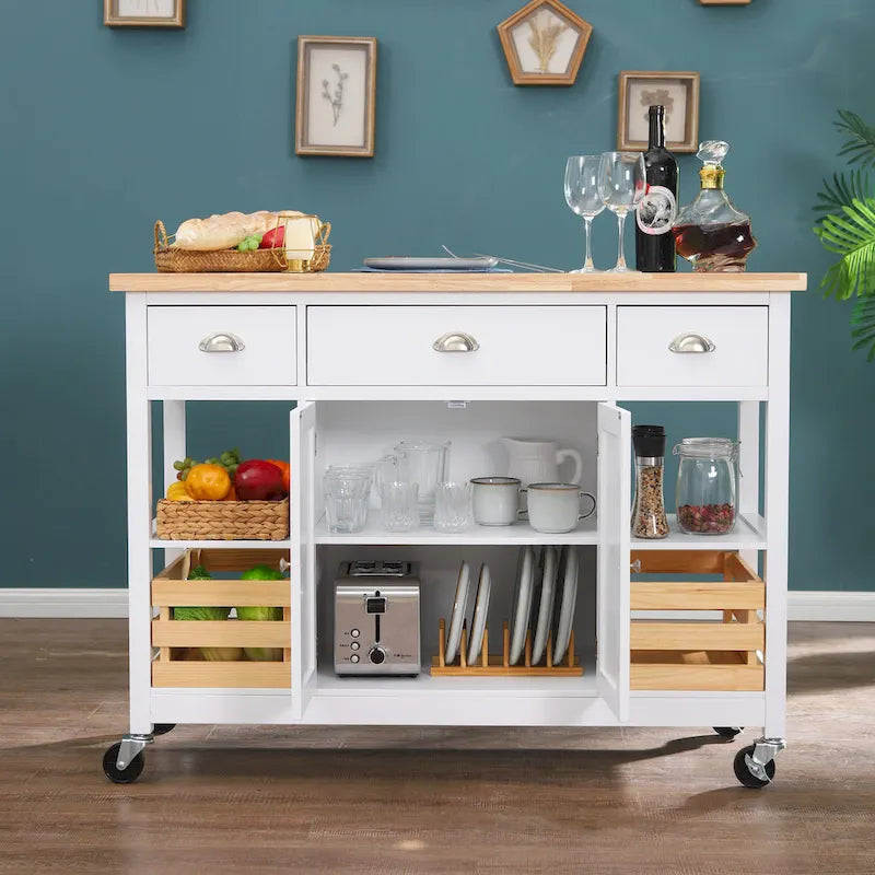 3-Tier Wood Kitchen Island Trolley Cart Storage Cabinet on Wheels with Storage Basket