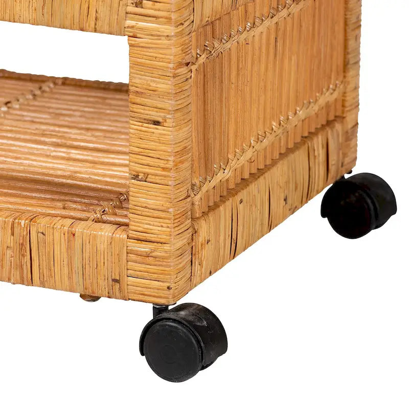 Genet Modern Bohemian Natural Brown Rattan and Teak Wood 2-Tier Kitchen Cart