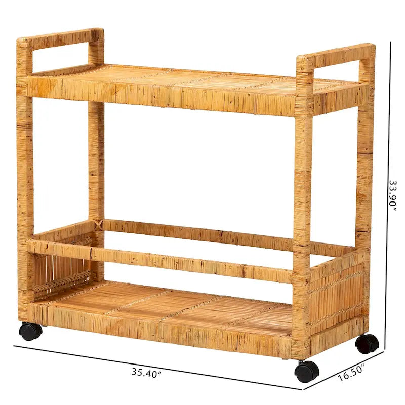 Genet Modern Bohemian Natural Brown Rattan and Teak Wood 2-Tier Kitchen Cart