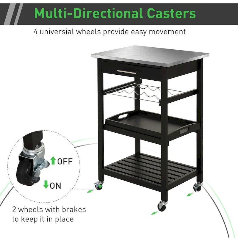 HOMCOM Kitchen island Cart Rolling Trolley Utility Serving Cart with Stainless Steel Tabletop, Wine Rack & Drawer