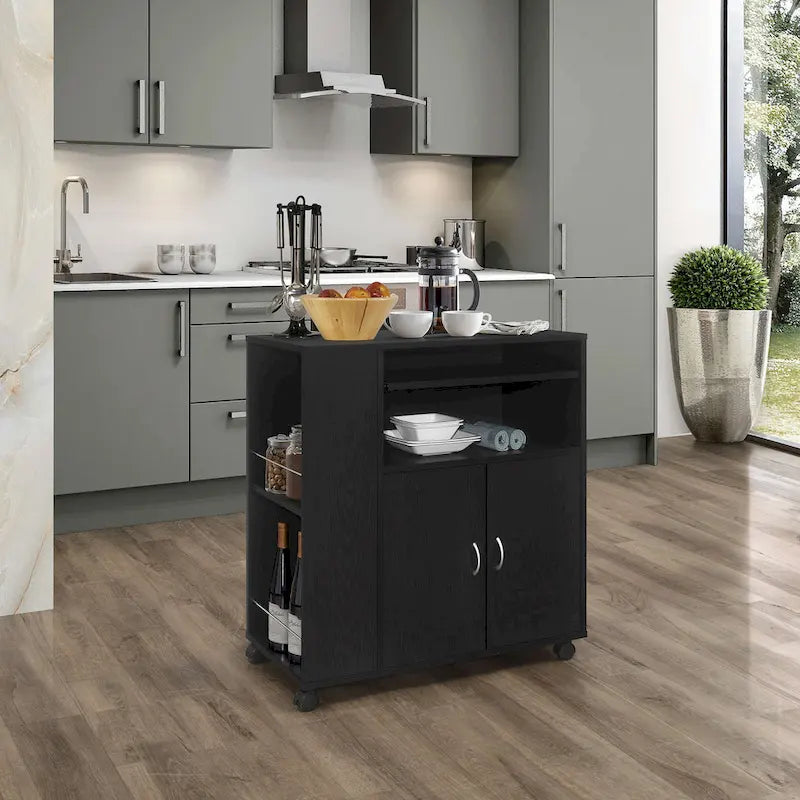 Kitchen Island Rolling Cart on Wheels with Storage Cabinet (Black)
