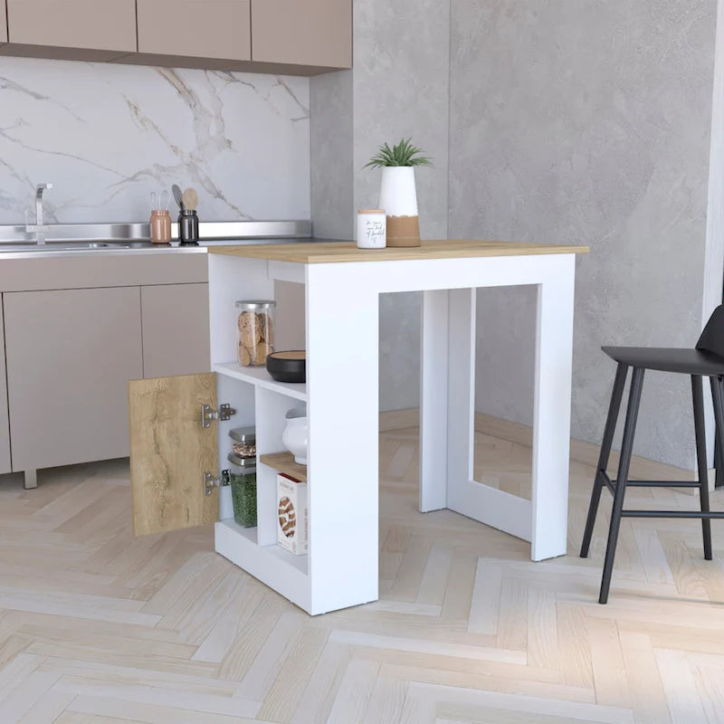 TUHOME Stirling Kitchen Island with Cabinet and 3 Open Shelves, White/Macadamia