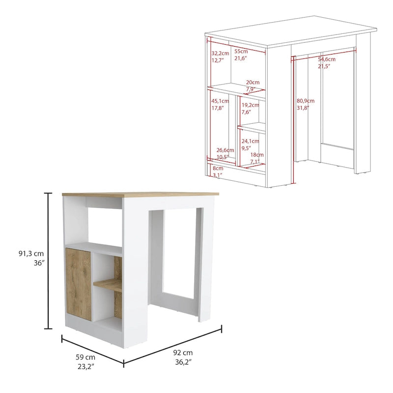 TUHOME Stirling Kitchen Island with Cabinet and 3 Open Shelves, White/Macadamia