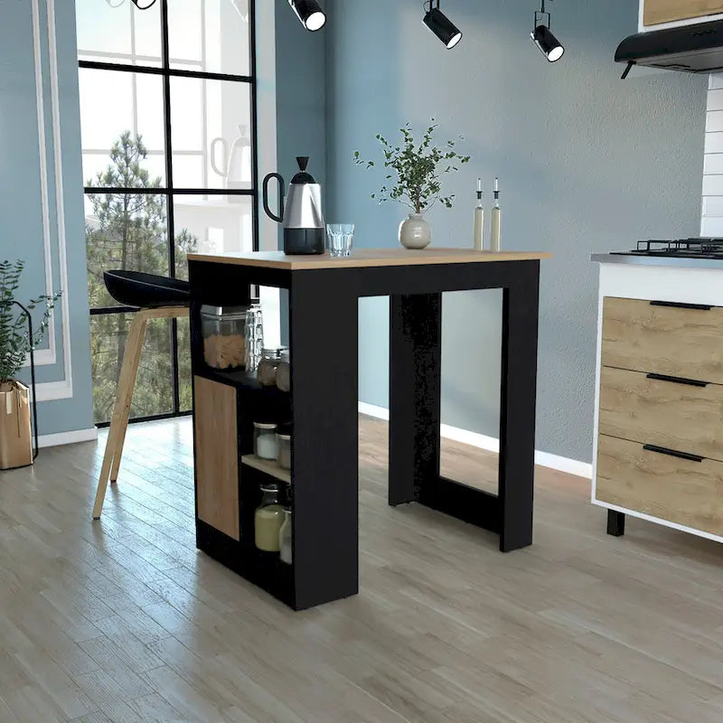 TUHOME Stirling Kitchen Island with Cabinet and 3 Open Shelves, White/Macadamia