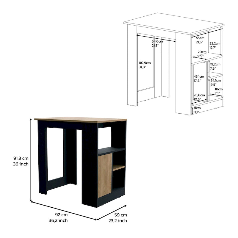 TUHOME Stirling Kitchen Island with Cabinet and 3 Open Shelves, White/Macadamia