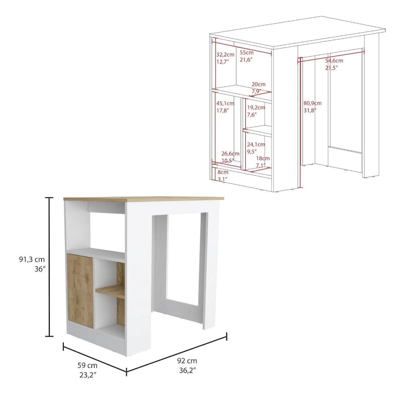 TUHOME Stirling Kitchen Island with Cabinet and 3 Open Shelves, White/Macadamia