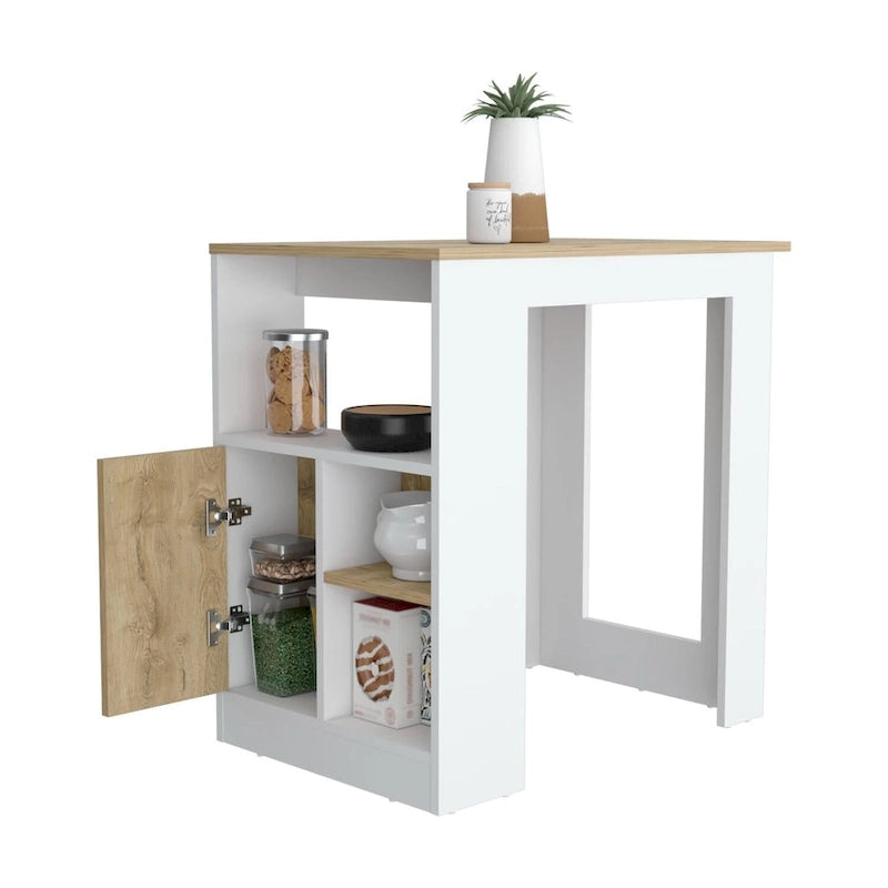 TUHOME Stirling Kitchen Island with Cabinet and 3 Open Shelves, White/Macadamia