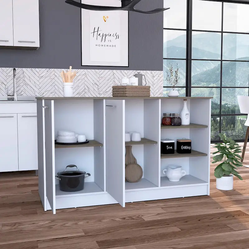 FM Furniture Gladiolus Kitchen Island, Two Cabinets, Three Open Shelves