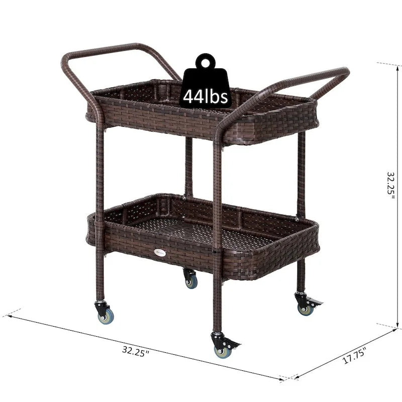 Outsunny Rattan Food and Serving Cart with 4 Wheels and 2-Tiers of Surface Area, Great for Parties, Kitchen, or Utility