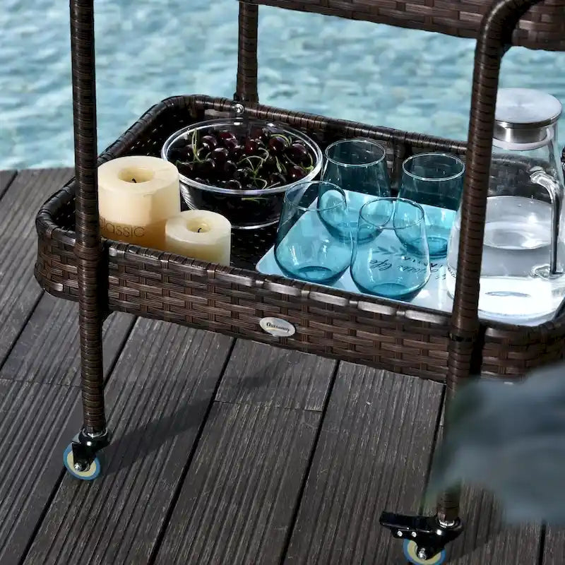 Outsunny Rattan Food and Serving Cart with 4 Wheels and 2-Tiers of Surface Area, Great for Parties, Kitchen, or Utility
