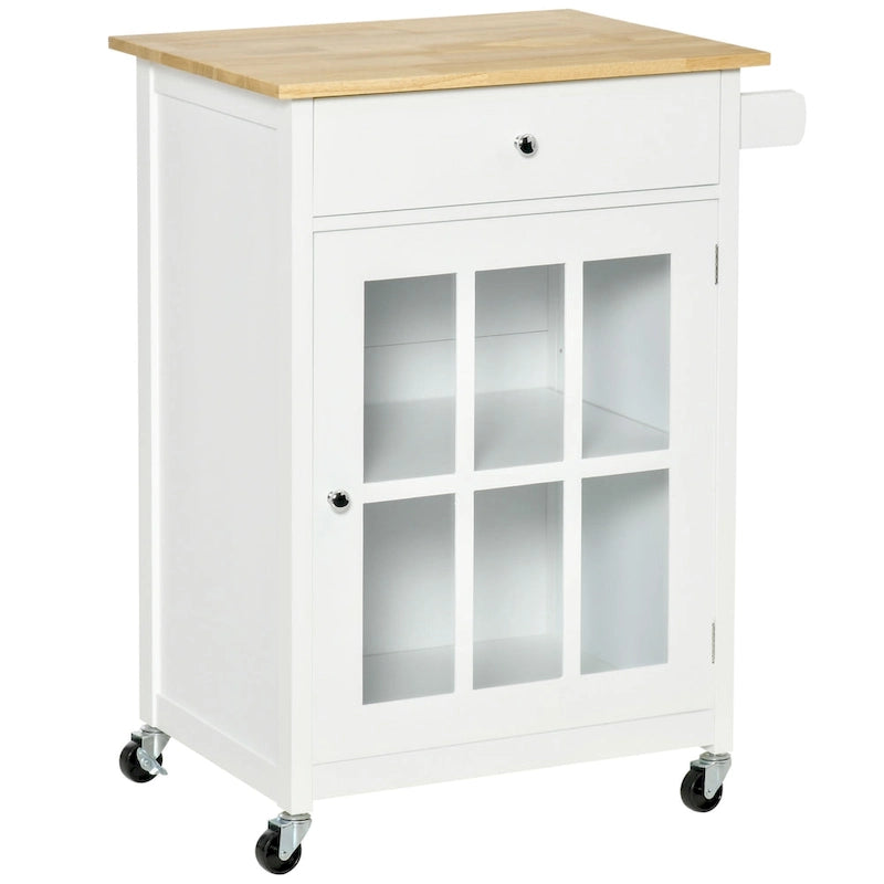 HOMCOM 27 Rolling Kitchen Island Cart with Drawer and Glass Door Cabinet, Kitchen Trolley with Adjustable Shelf and Towel Rack