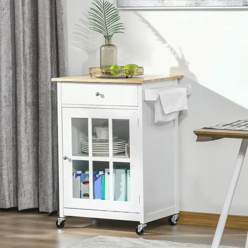 HOMCOM 27 Rolling Kitchen Island Cart with Drawer and Glass Door Cabinet, Kitchen Trolley with Adjustable Shelf and Towel Rack