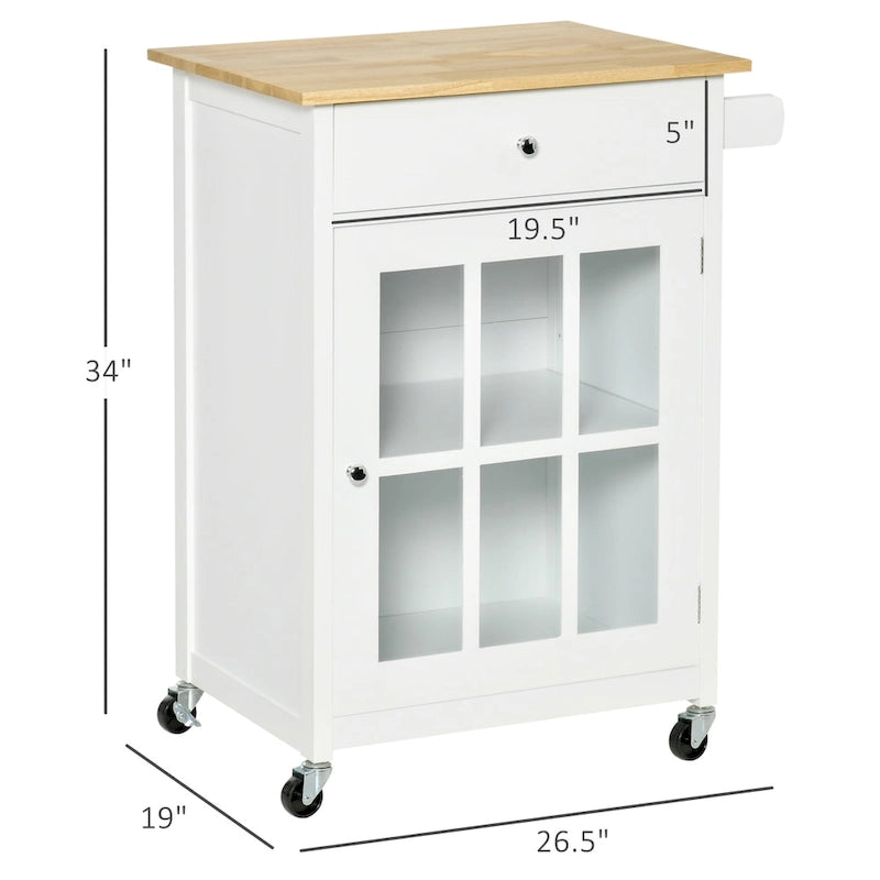 HOMCOM 27 Rolling Kitchen Island Cart with Drawer and Glass Door Cabinet, Kitchen Trolley with Adjustable Shelf and Towel Rack