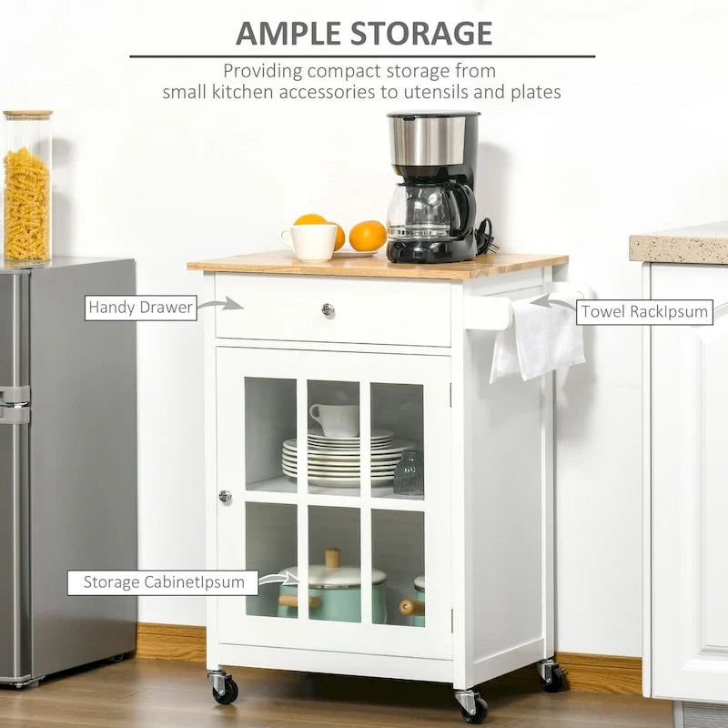 HOMCOM 27 Rolling Kitchen Island Cart with Drawer and Glass Door Cabinet, Kitchen Trolley with Adjustable Shelf and Towel Rack