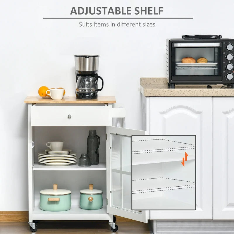 HOMCOM 27 Rolling Kitchen Island Cart with Drawer and Glass Door Cabinet, Kitchen Trolley with Adjustable Shelf and Towel Rack