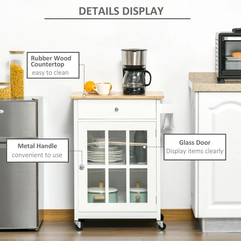 HOMCOM 27 Rolling Kitchen Island Cart with Drawer and Glass Door Cabinet, Kitchen Trolley with Adjustable Shelf and Towel Rack