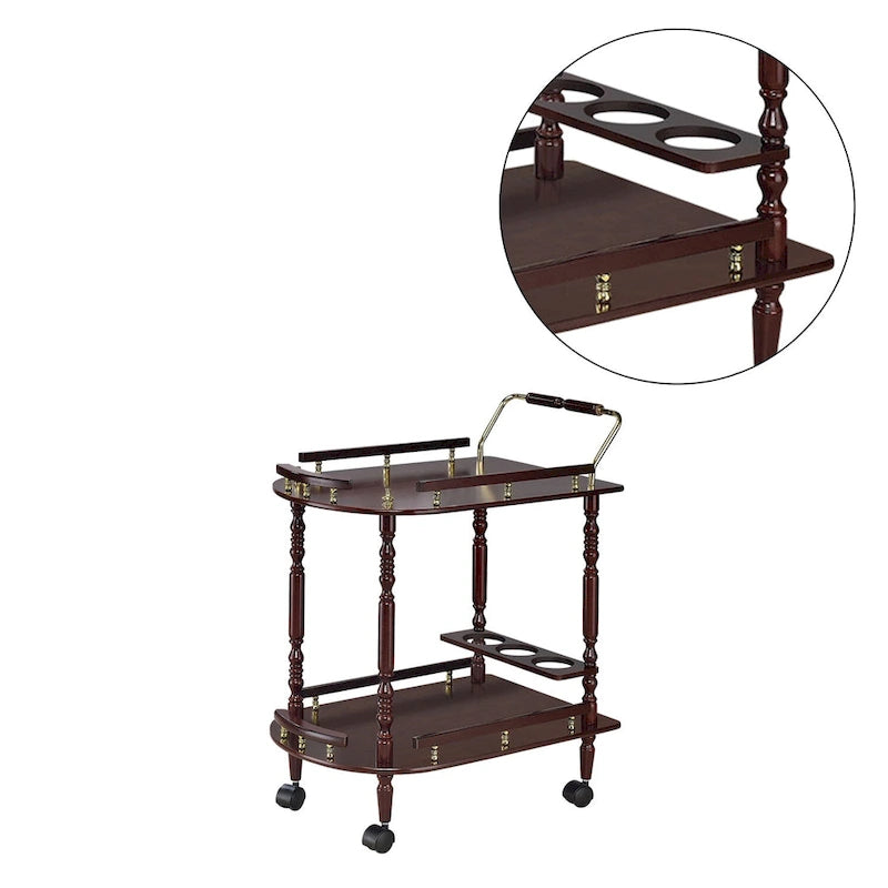 2-Tier Serving Cart with Casters in Merlot and Brass
