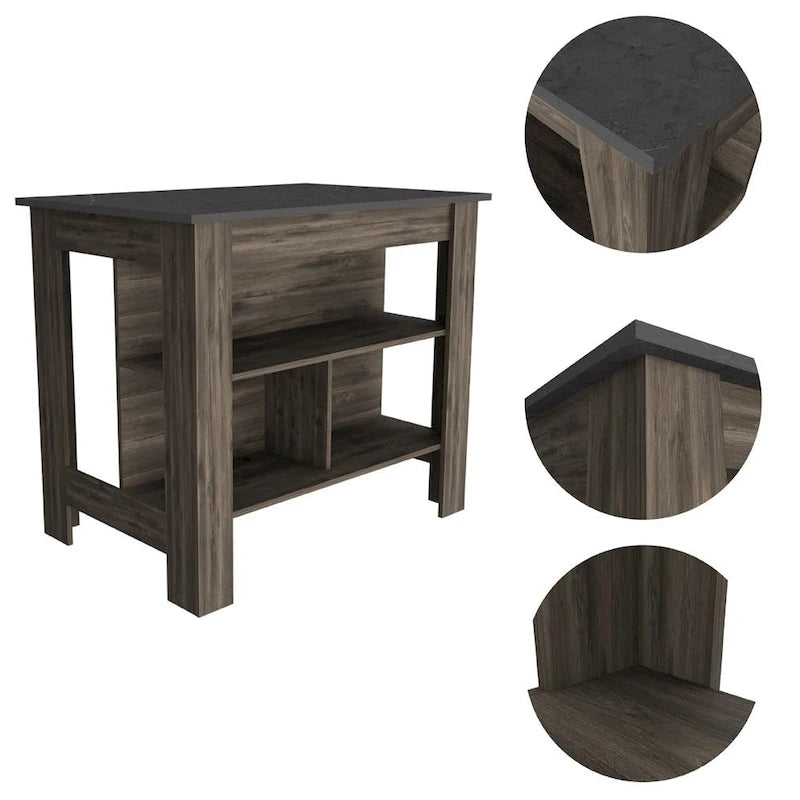 HomeRoots Dark Brown and Onyx Kitchen Island with Three Storage Shelves - 27.5 X 40.50 X 27.50