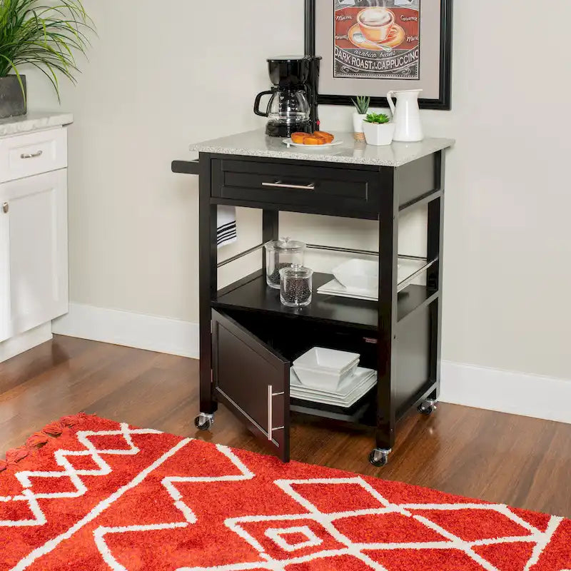 Porch & Den Bigelow Black Wood/ Granite Top Kitchen Cart