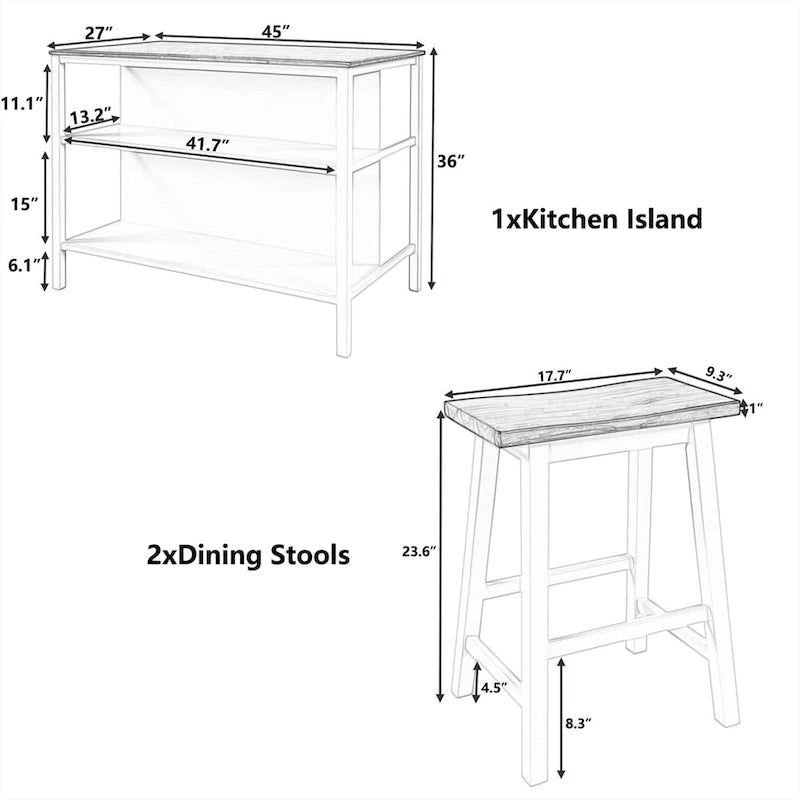 Wood Rustic 3-piece 45 Stationary Kitchen Island Set