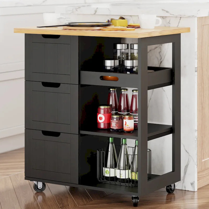 Futzca Kitchen Island Cart with 3 Open Shelves and 3 Drawers - N/A