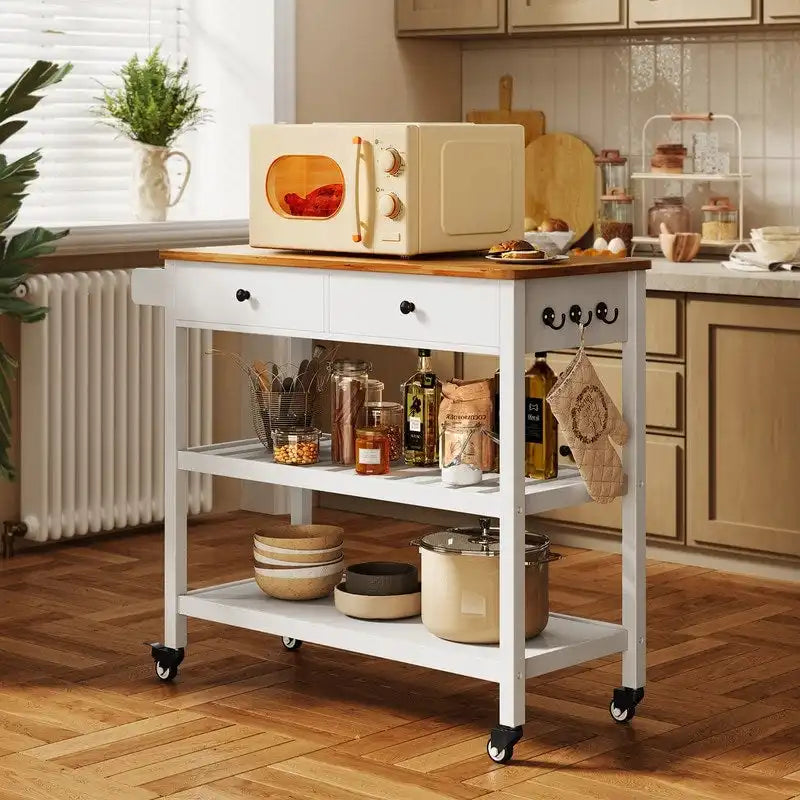 Kitchen Island Cart, Rolling Trolley Utility Cart on Wheels with 2 Drawers and 2 Open Tiers Storage Shelves