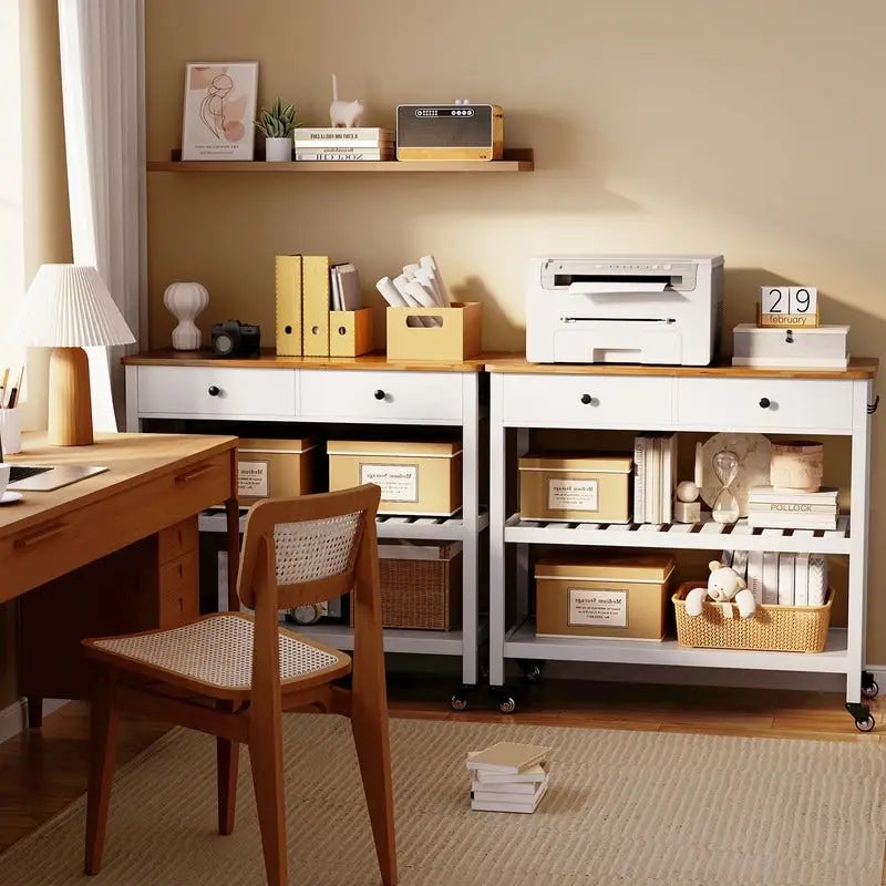 Kitchen Island Cart, Rolling Trolley Utility Cart on Wheels with 2 Drawers and 2 Open Tiers Storage Shelves