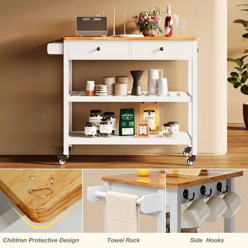 Kitchen Island Cart, Rolling Trolley Utility Cart on Wheels with 2 Drawers and 2 Open Tiers Storage Shelves