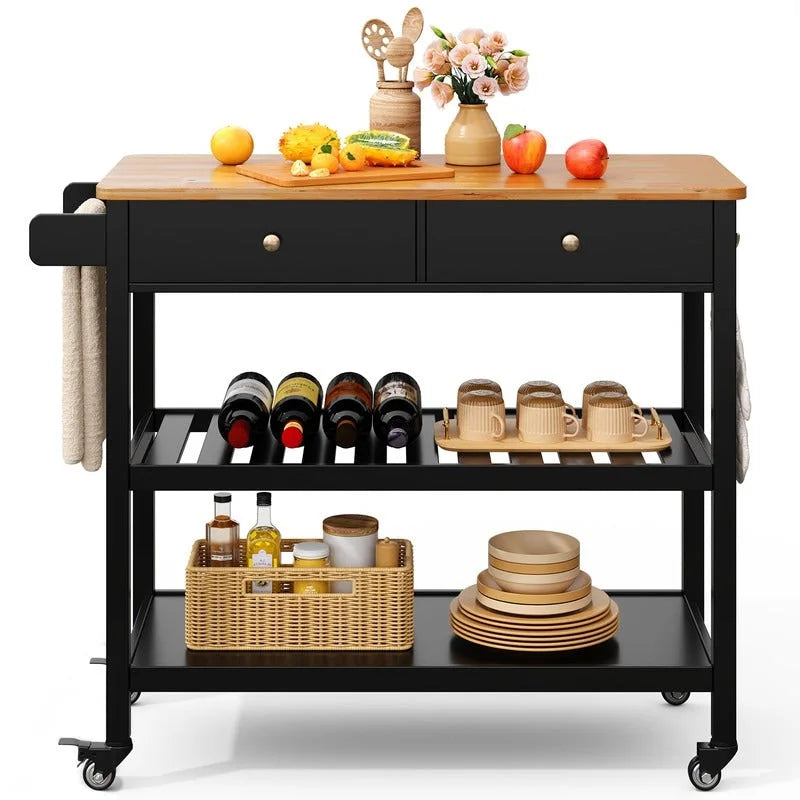 Kitchen Island Cart, Rolling Trolley Utility Cart on Wheels with 2 Drawers and 2 Open Tiers Storage Shelves