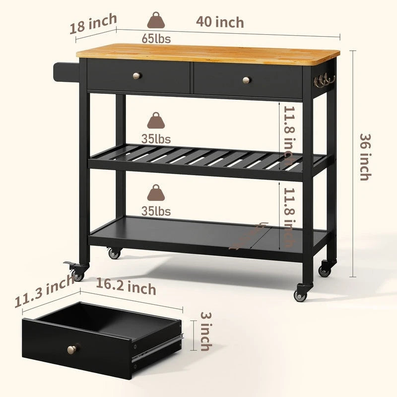 Kitchen Island Cart, Rolling Trolley Utility Cart on Wheels with 2 Drawers and 2 Open Tiers Storage Shelves