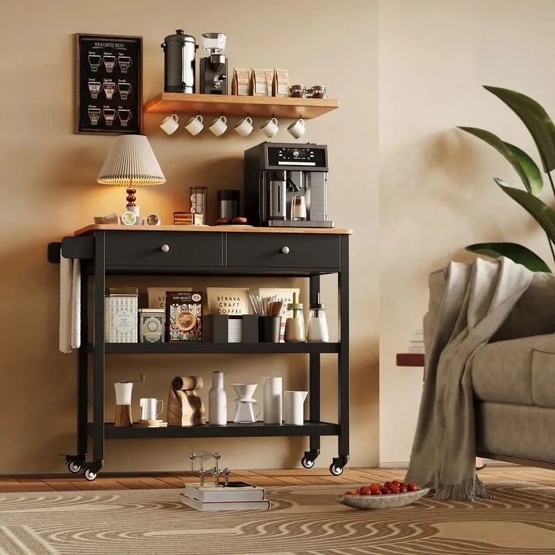 Kitchen Island Cart, Rolling Trolley Utility Cart on Wheels with 2 Drawers and 2 Open Tiers Storage Shelves